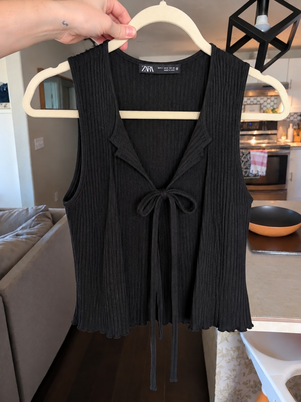ZARA Black Ribbed Tie-Front Tank Top